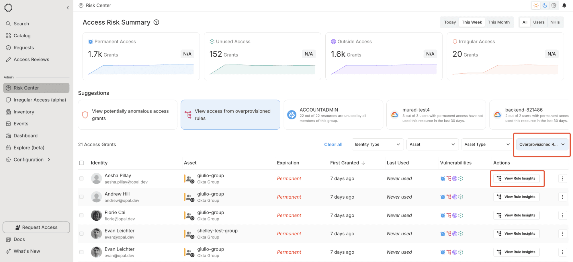 Identity lifecycle management with Opal: screenshot of risk center showing overprovisioned IDP rules