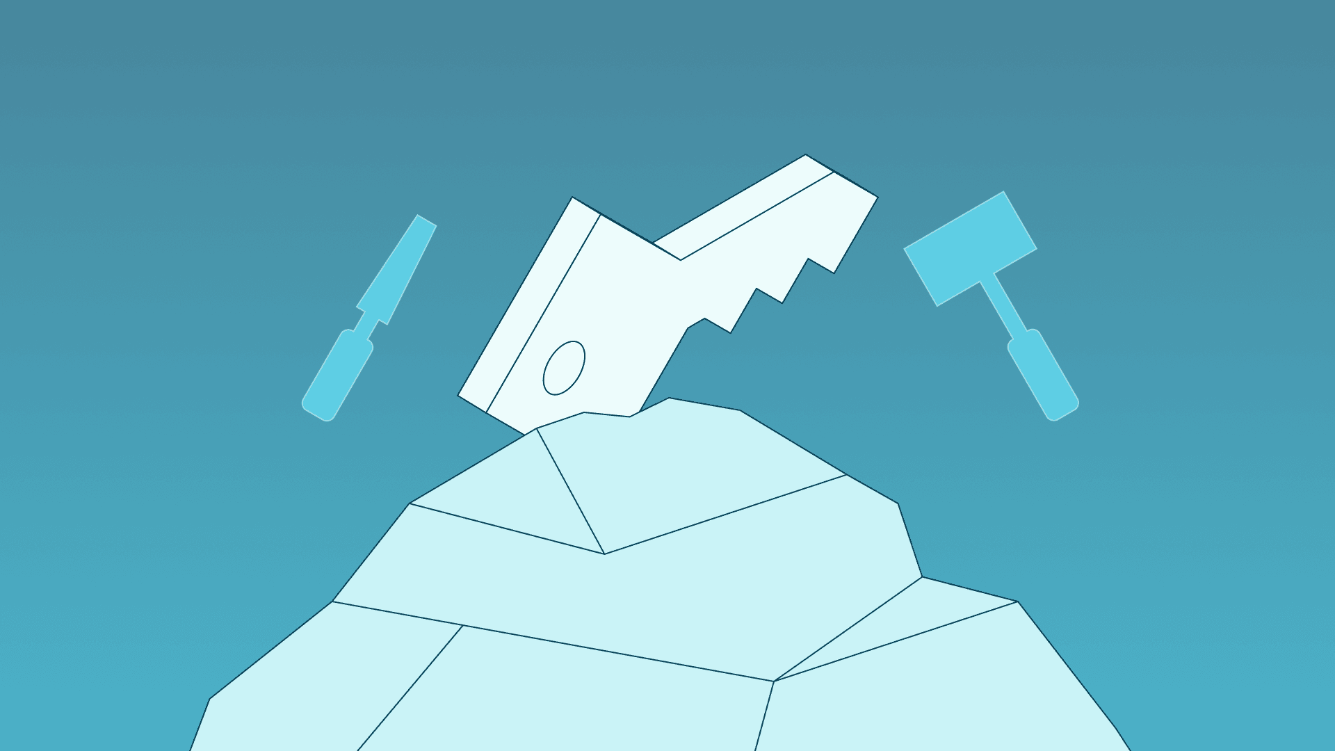 Abstract illustration of a key breaking apart over a pyramid-shaped iceberg.