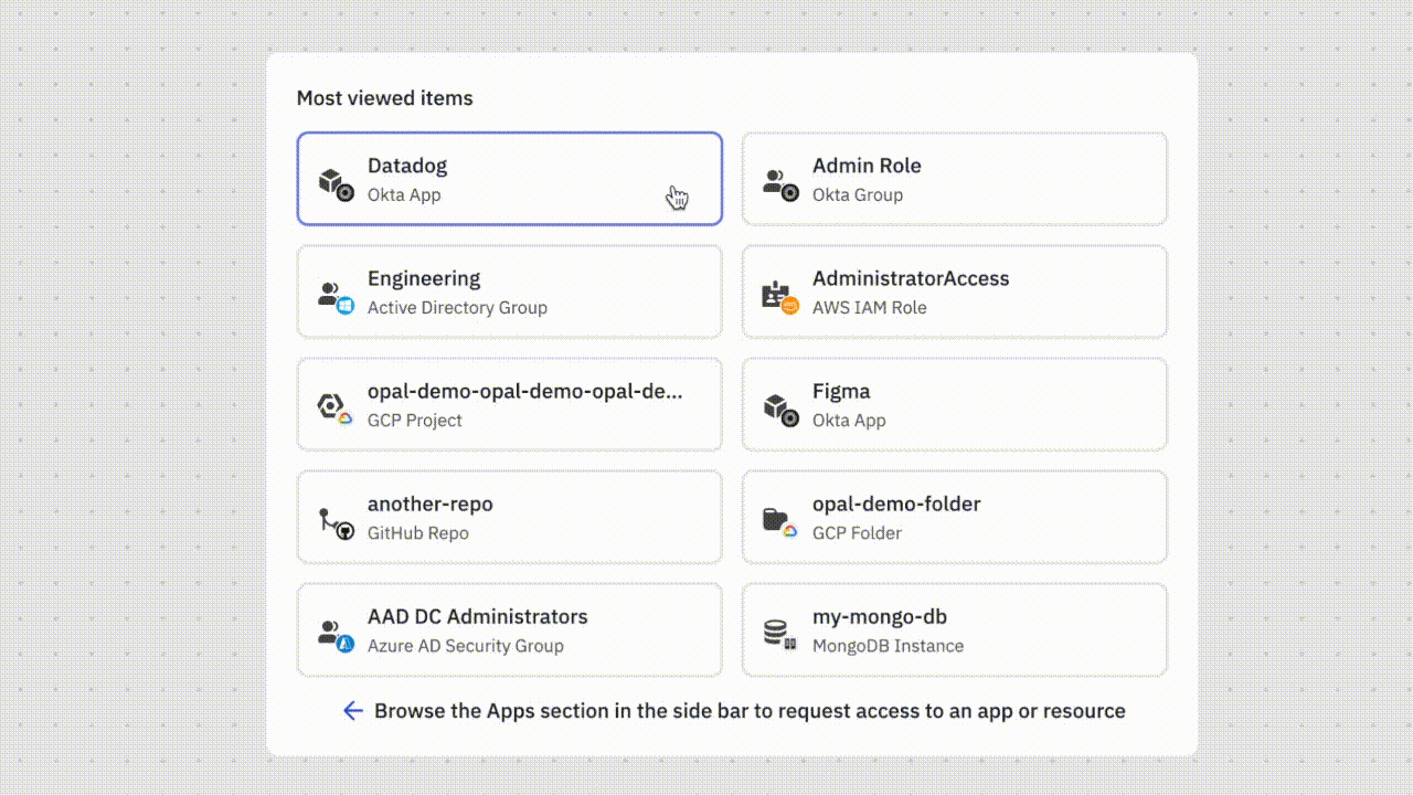 The explosion of the cloud has made it easier than ever to create infrastructure, even for teams outside of software engineering. While this has enabled innovation, it has also led to permission sprawl, increasing the risk of insider threats. Opal makes it easy to reduce over-provisioned access but allows developers to request just-in-time access for engineering permissions. Developers can browse a self-service catalog, and resource owners can quickly approve and provision access via Slack.