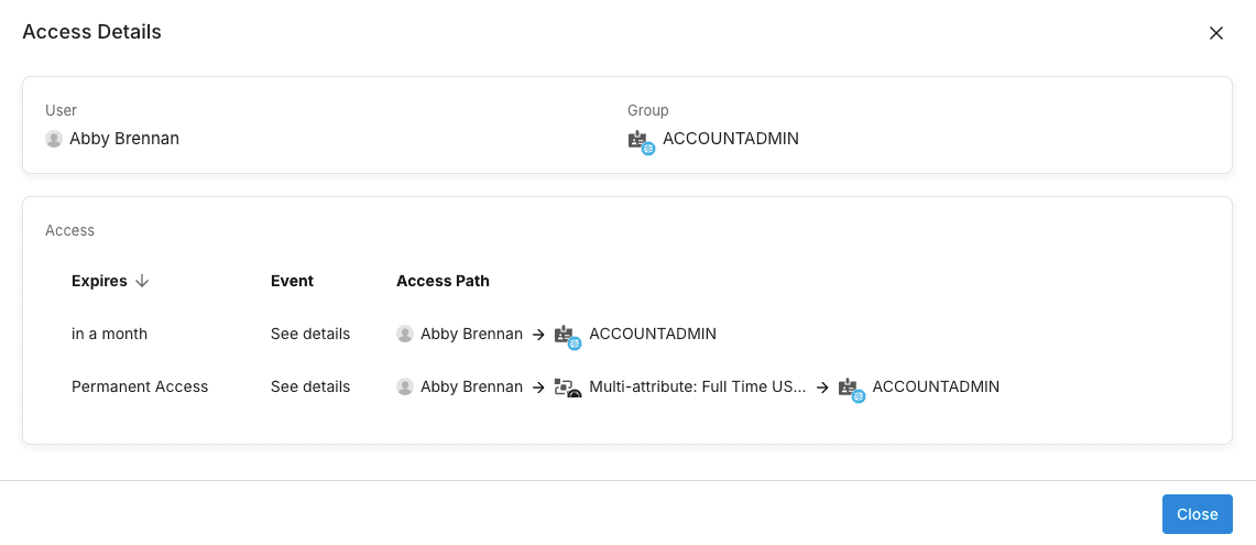 Opal tracks direct (e.g., JIT) vs. indirect (e.g., groups or Access Rules) access separately, enabling admins to remediate risky paths and refine secure rule definitions.