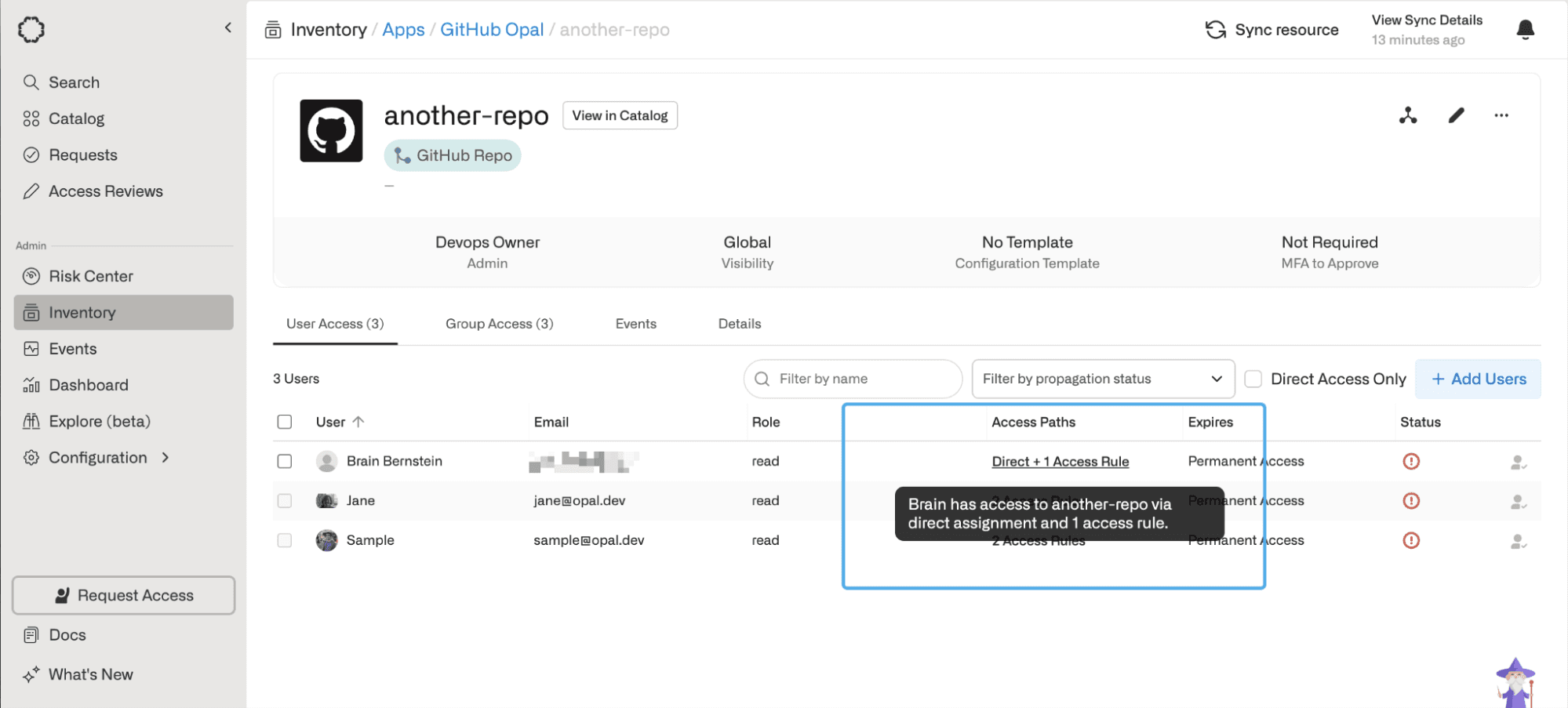 Identity lifecycle management with Opal: inventory view showing access paths