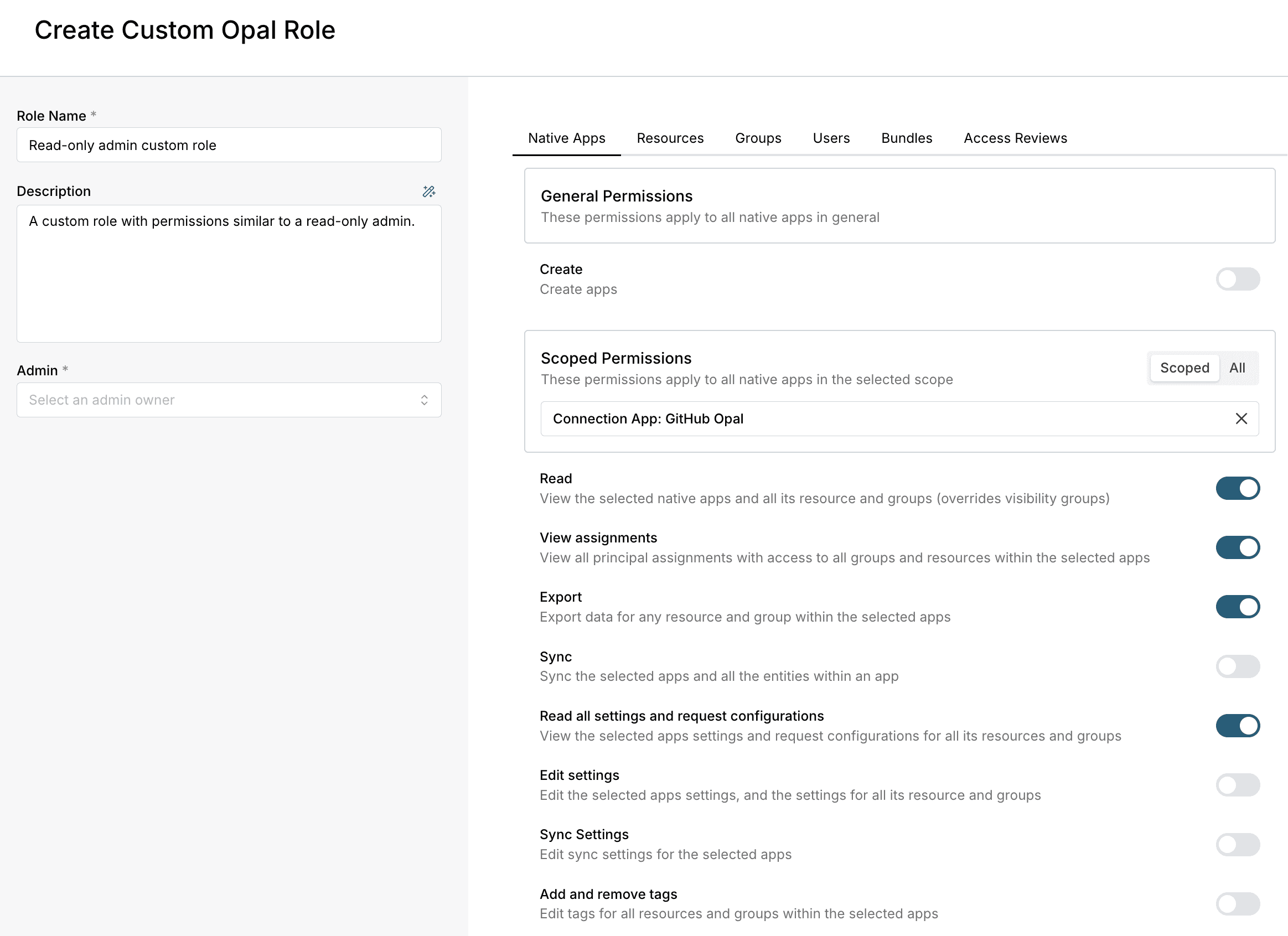 Screenshot of the Opal Platform showing the Custom Roles feature.
