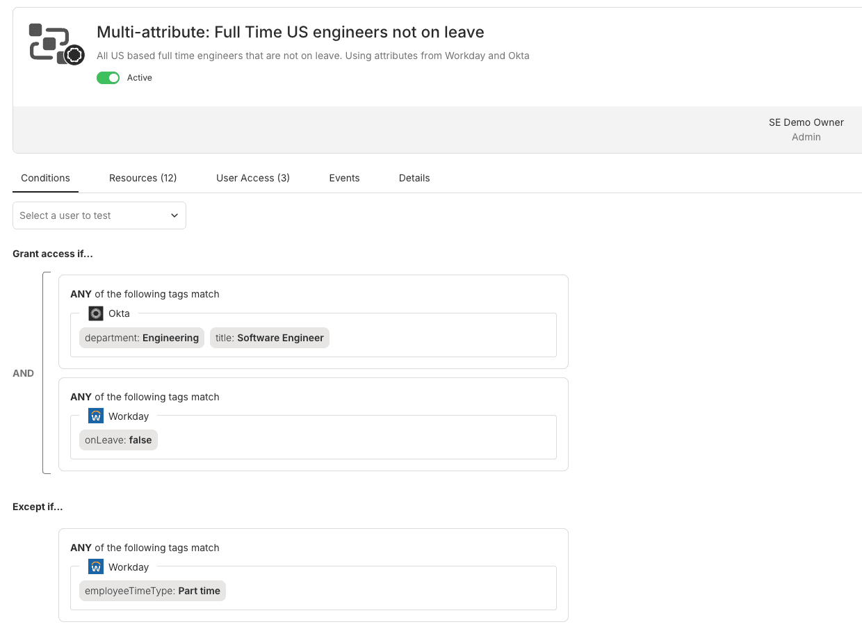 Access Rules use IDP or HRIS attributes to dynamically grant group and resource access, enabling ABAC.