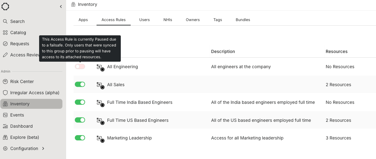 Access Rules codify intended access changes while preventing “SCIM-cidents” from unexpected updates. With the Failsafe setting, Opal alerts admins to review bulk changes before they’re applied.