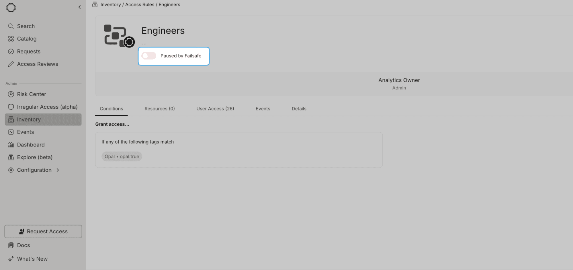 Identity lifecycle management with Opal: screenshot of access rules's failsafe feature