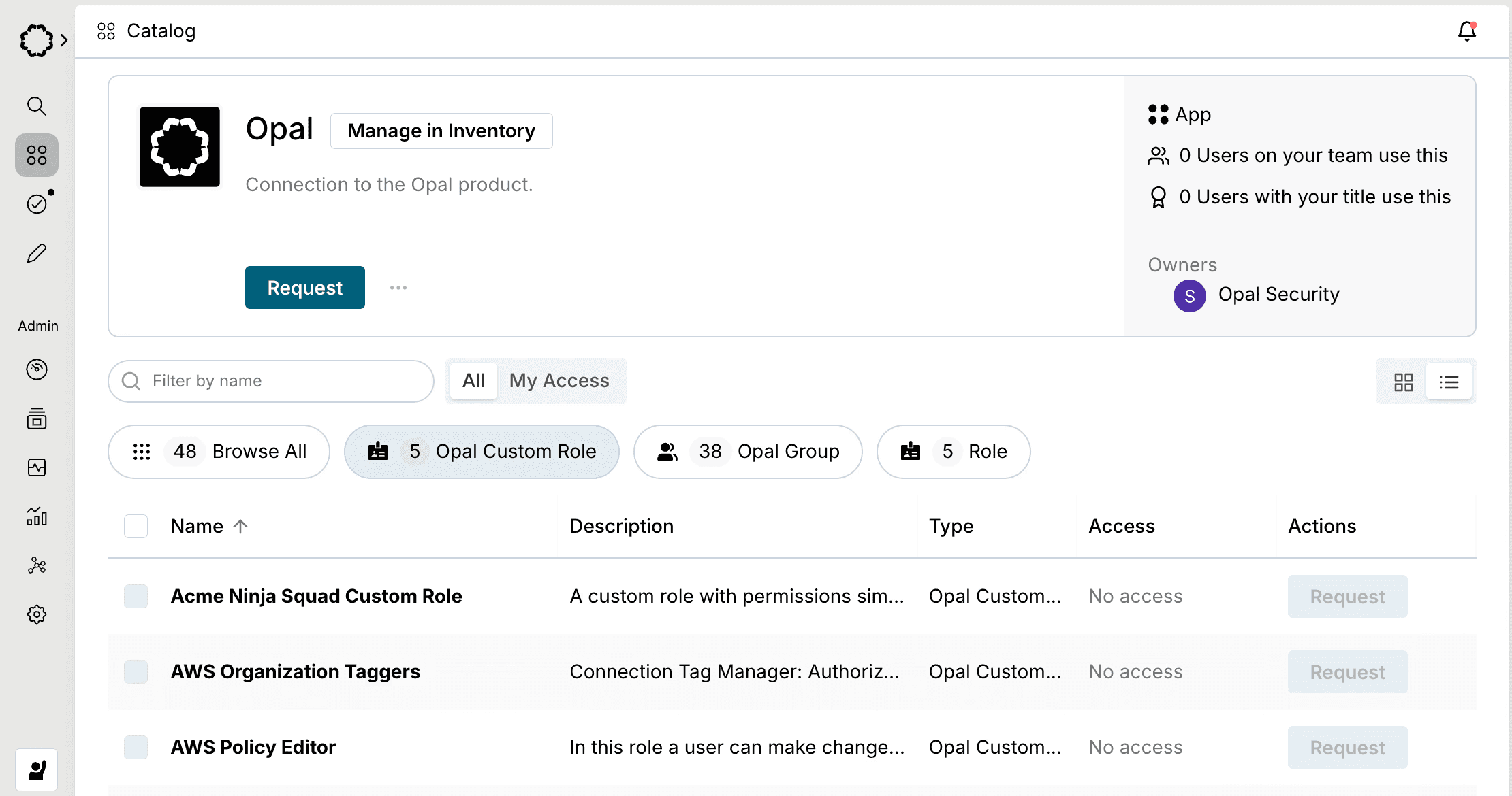Opal interface showing a list of custom roles and permissions.